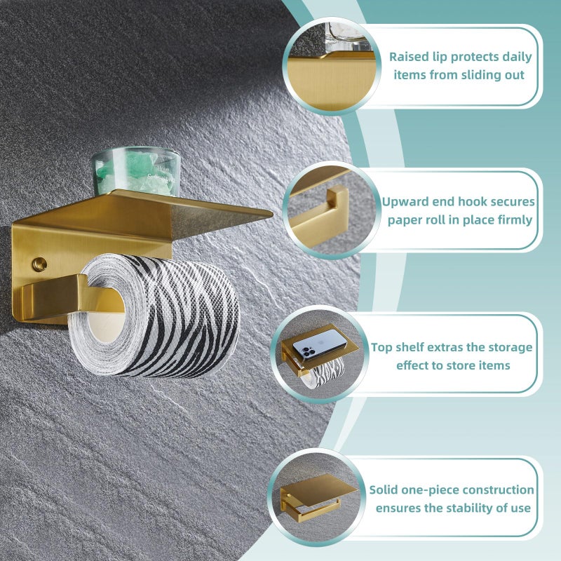 APLusee حامل ورق التواليت مع رف باللون الذهبي المصقول، APLusee SUS 304 الفولاذ المقاوم للصدأ ملحقات الحمام الحديثة موزع تخزين لفات المناديل - Image 5